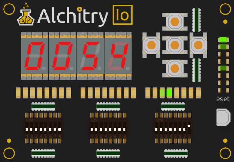 The simulator window: the Io board&rsquo;s displays, LEDs, switches and buttons, with the Cu&rsquo;s LEDs in the column down the right hand side