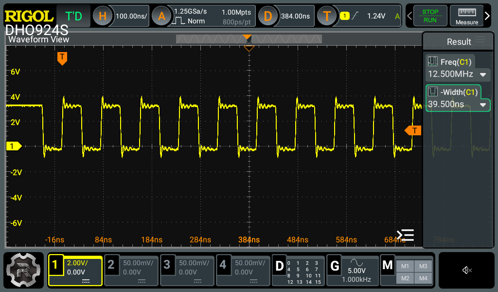 The same clock at the pin side of the series resistor: 3.3 V, with ringing